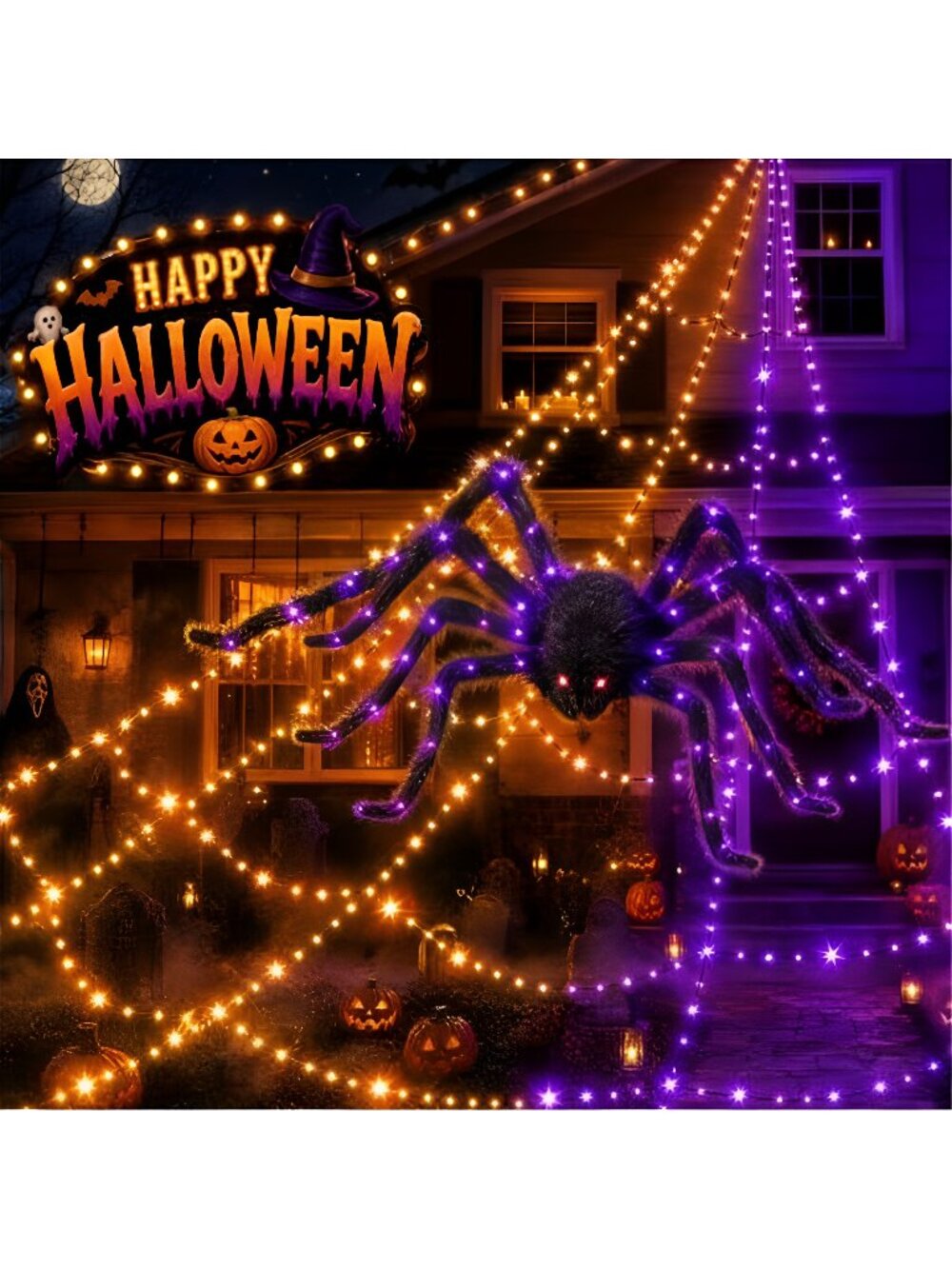 550 LEDs Halloween Decorations Outdoor Spider Web Lights with Spider